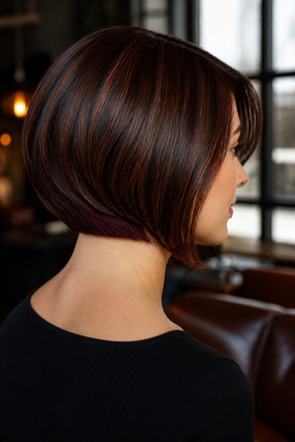 Back view of a real woman's mahogany bob with nape underlights