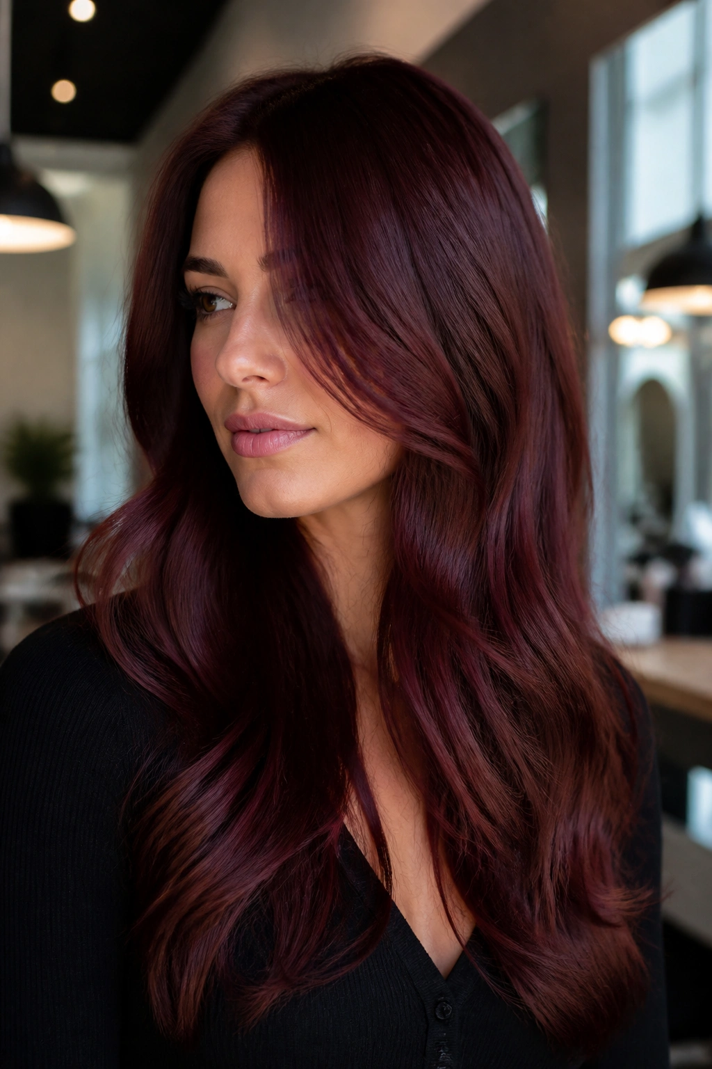 Portrait close-up of a real person with Mahogany Brown hair and cool red cast