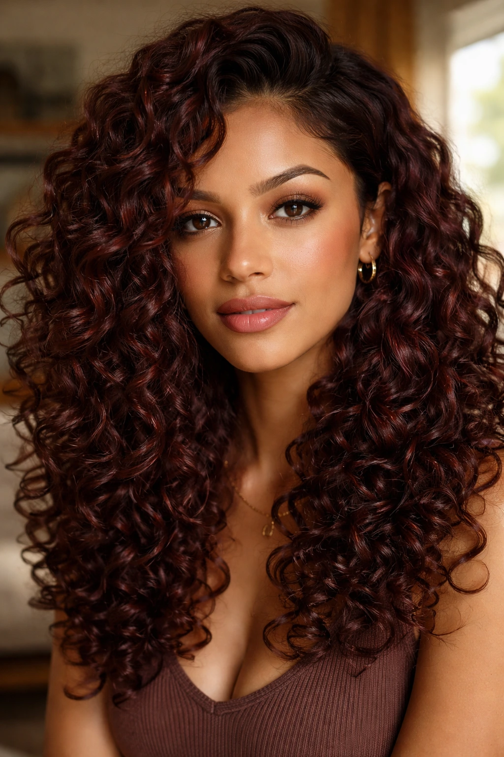 Close-up of a real woman's curly hair in mahogany brown with red-violet undertones