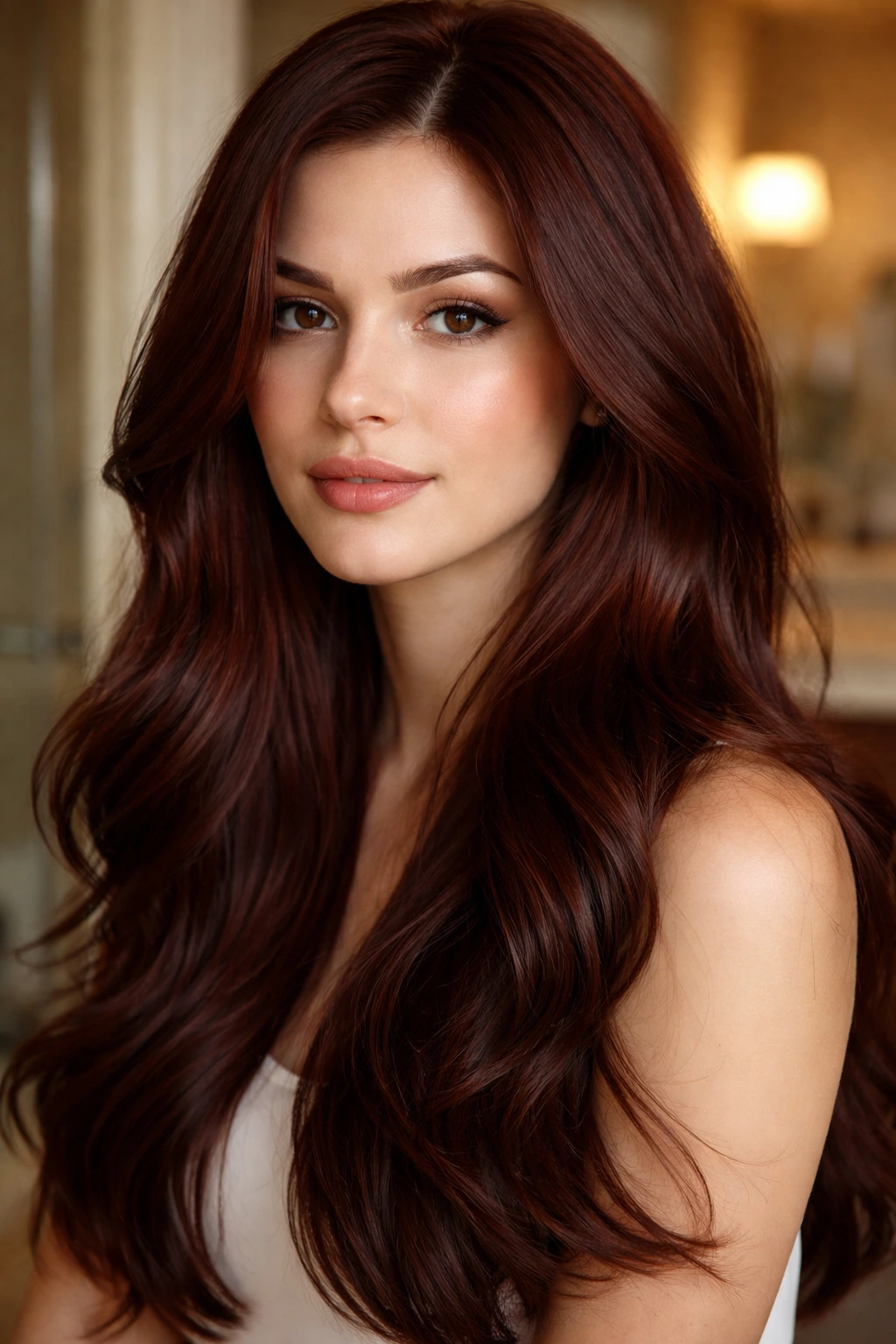Close-up of a real person with mahogany brown hair, glossy finish.