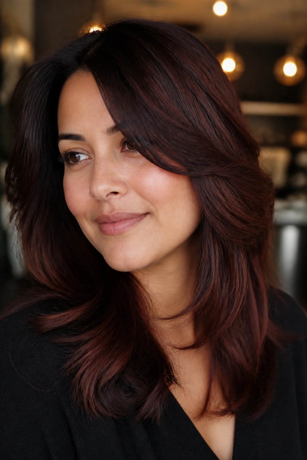 Close-up of a woman with rich mahogany hair and darker face-framing pieces