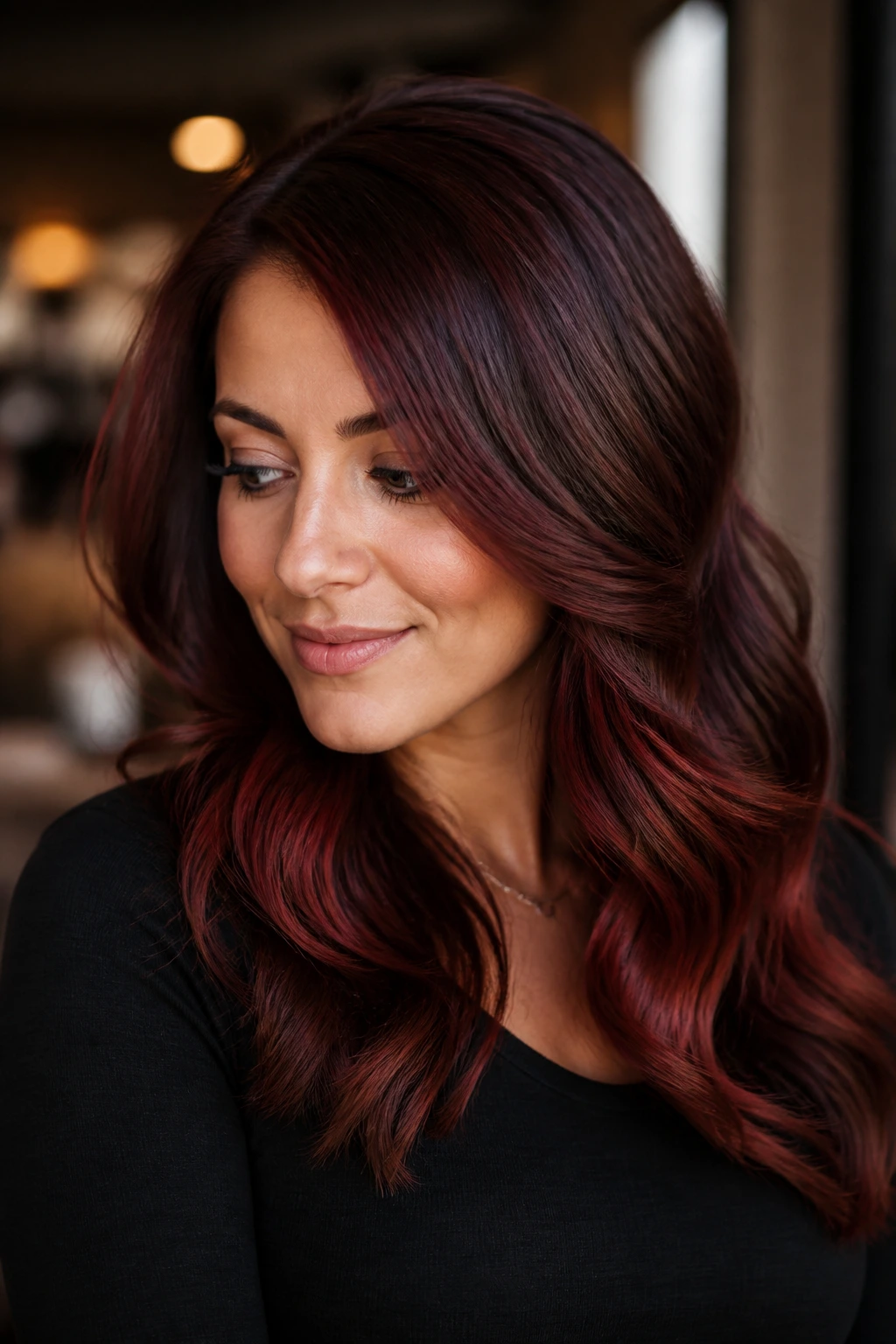 Close-up portrait of a real woman with mahogany brown hair and a soft red glow in warm light.