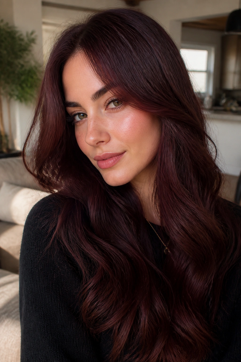 Close-up portrait of a woman with mahogany brown hair and wine-red sheen in a cozy living room.