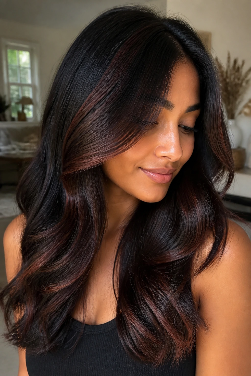 Close-up of black-brown hair with mahogany lowlights.