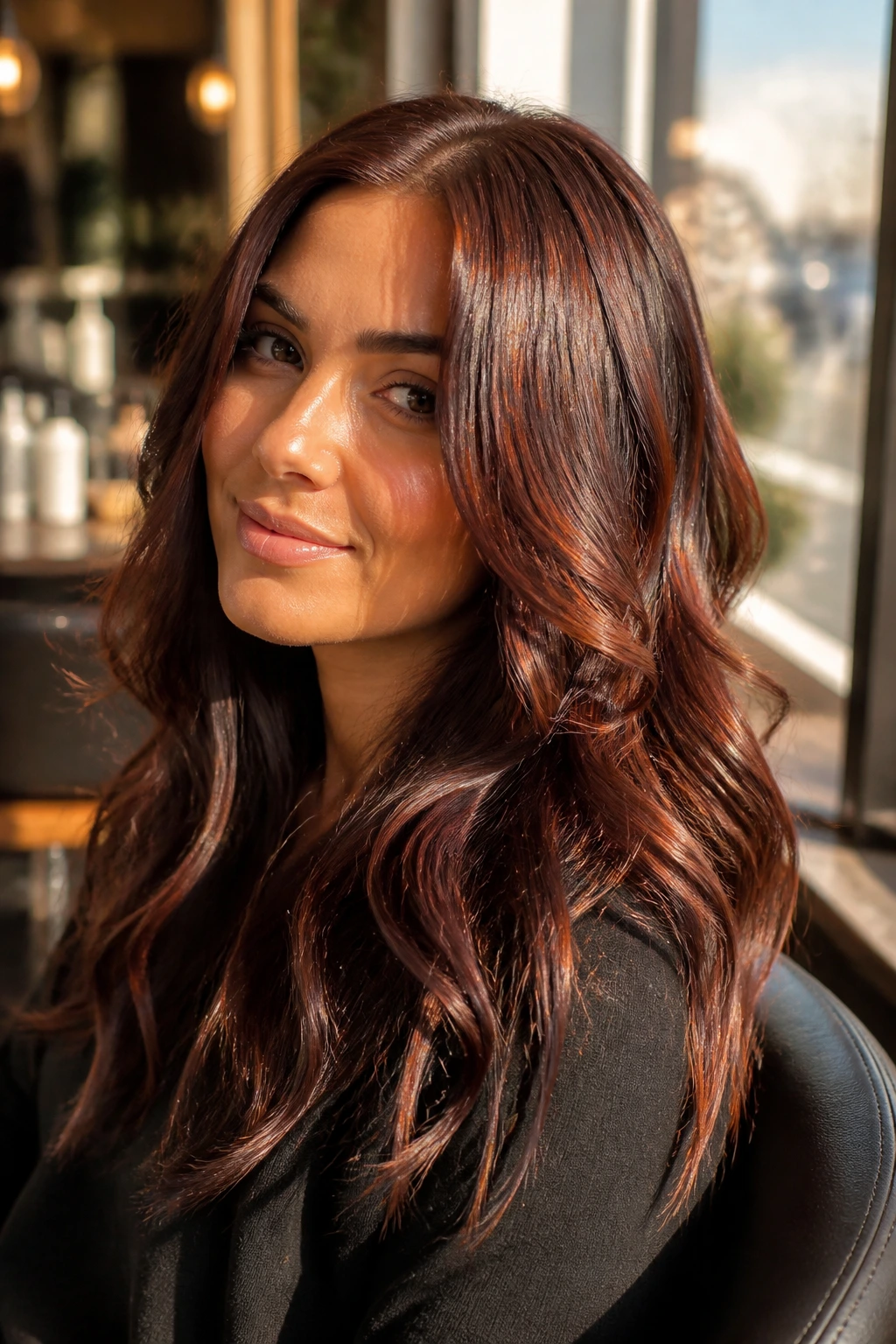 Close-up of a brunette with mahogany brown lowlights showing red undertones.