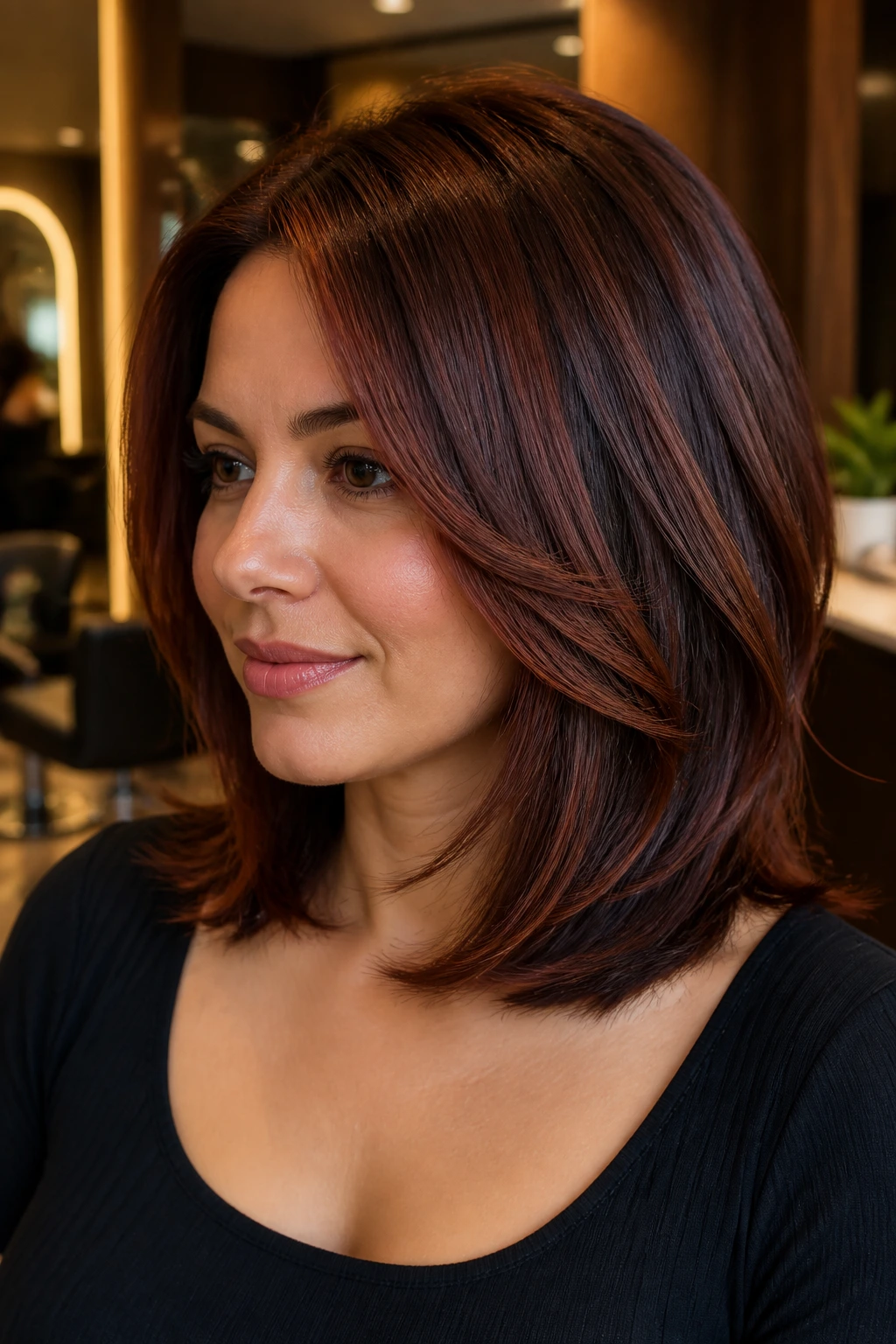 Portrait of a woman with layered shoulder-length hair showing mahogany slices