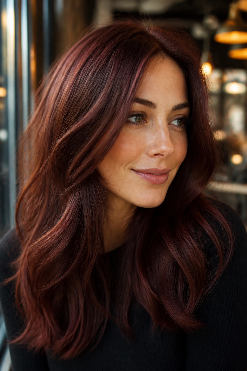 Portrait of a real woman with mahogany brown hair and warm red undertones
