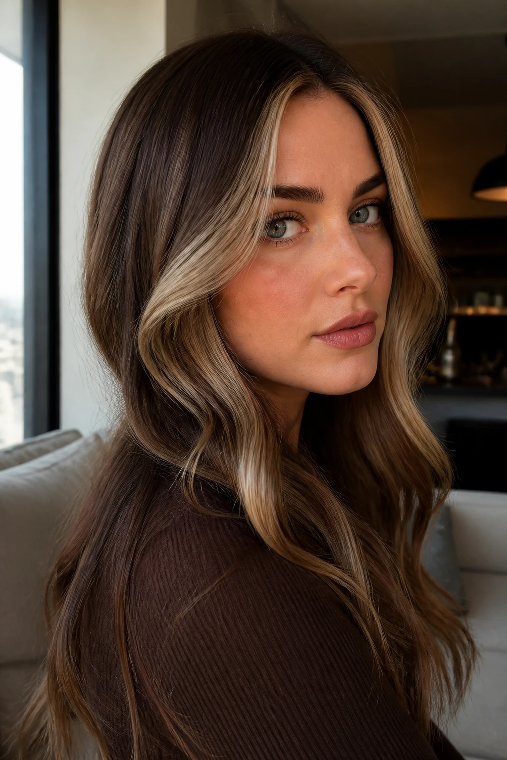 Close-up of a real woman with mahogany-brown base and beige-blonde veil in soft afternoon light.