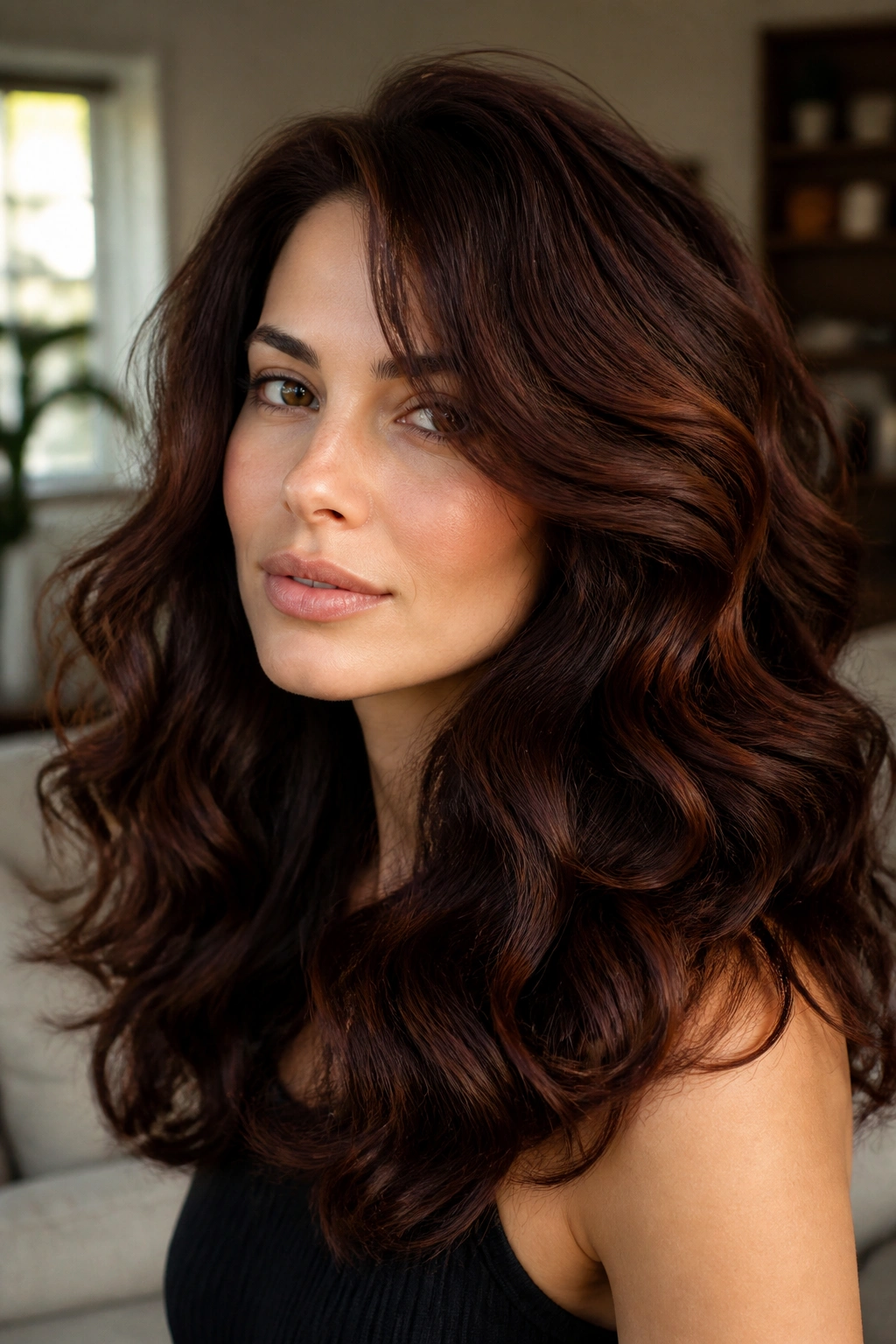 Close-up portrait of a real woman with dense, thick waves in mahogany brown hair