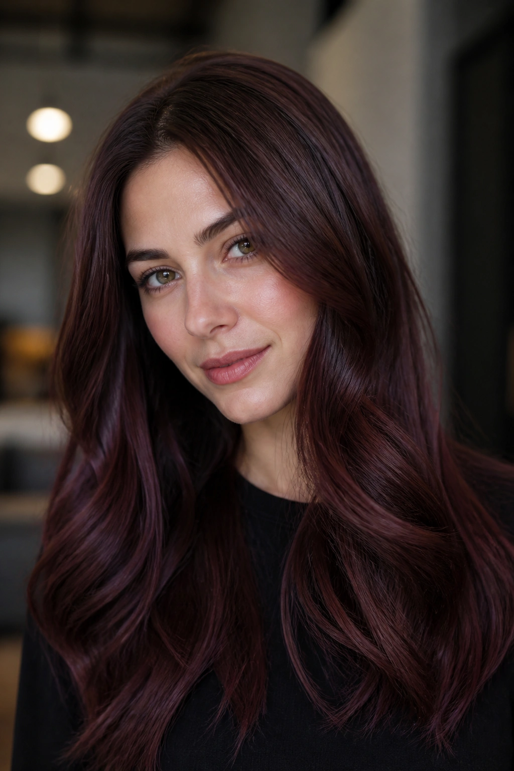 Close-up portrait of a real person with mahogany brunette hair and violet undertones under cool light.