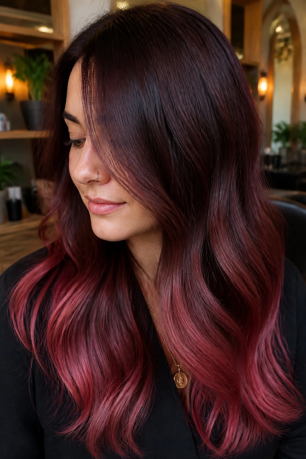 Close-up of mahogany brunette hair with deep rose metallic tips on a real person