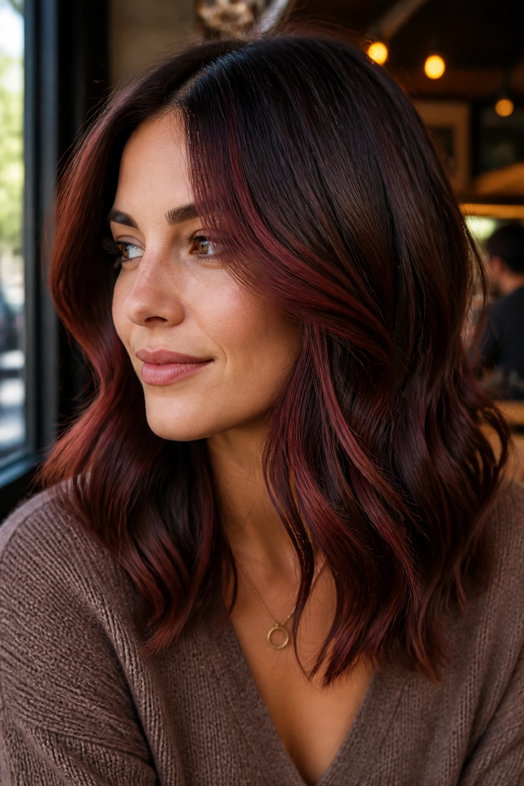 Close-up of warm brown hair with mahogany base and burgundy sweep pieces