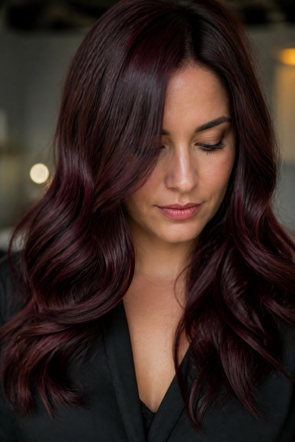 Portrait of a woman with cooled-down mahogany burgundy hair