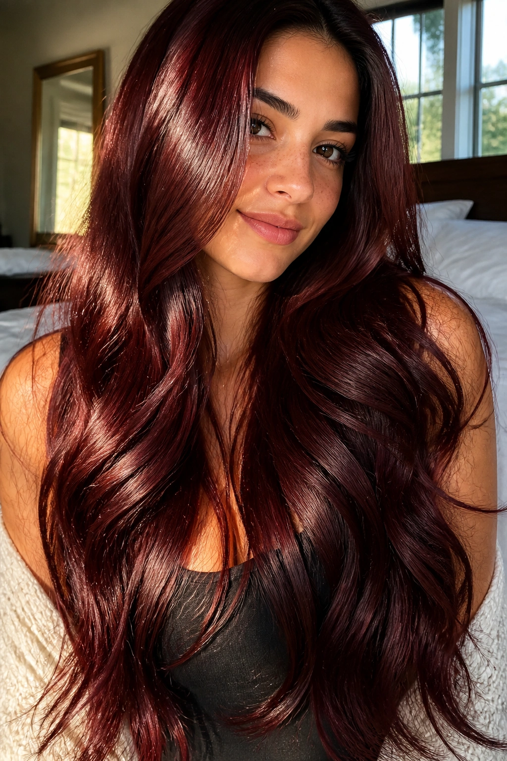 Close-up of a real woman with long mahogany burgundy hair with a glossy finish