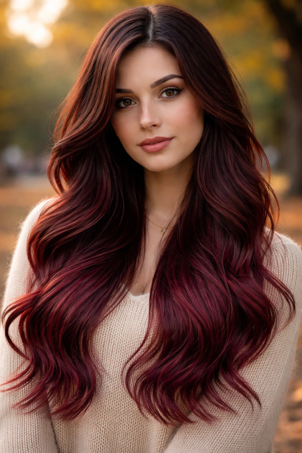 Real woman with mahogany to burgundy gradient hair in autumn light