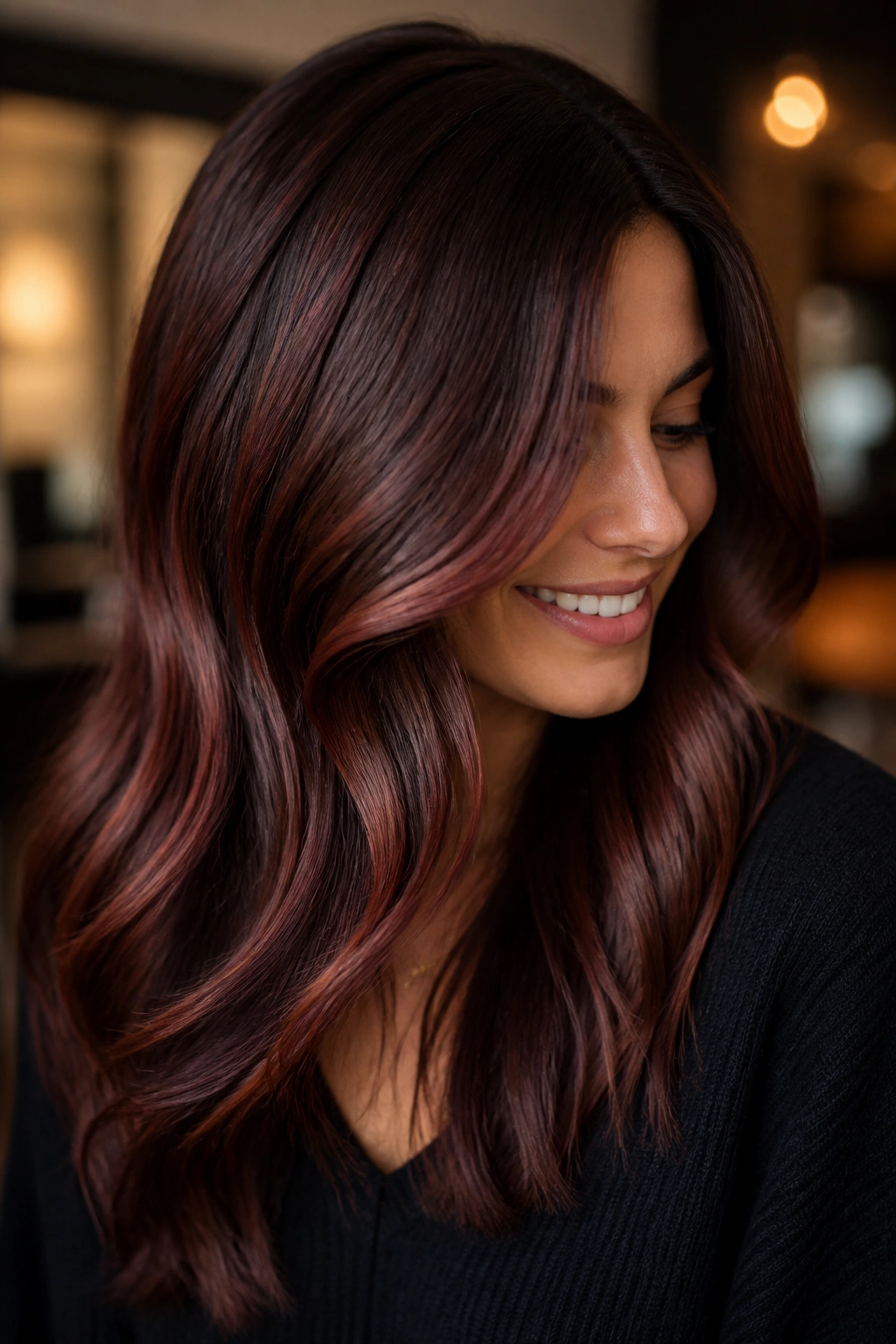 Close-up portrait of warm brown hair with mahogany-burgundy ribbons