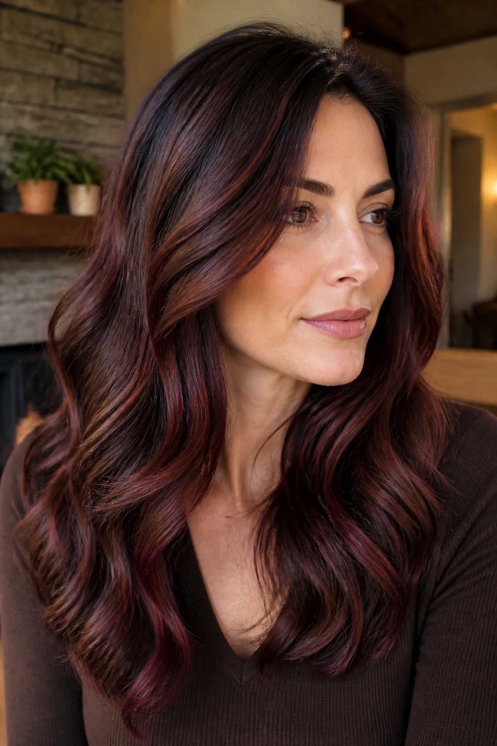 Warm brunette hair with mahogany burgundy blend in soft light