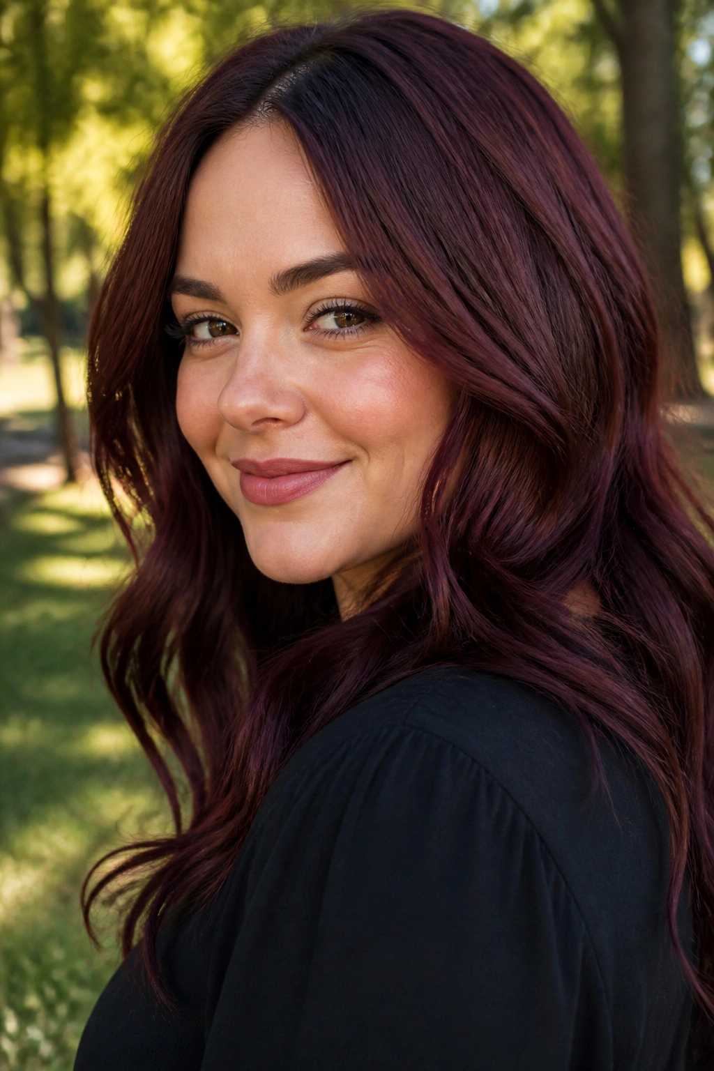 Portrait of a woman with mahogany burgundy waves in a park setting.
