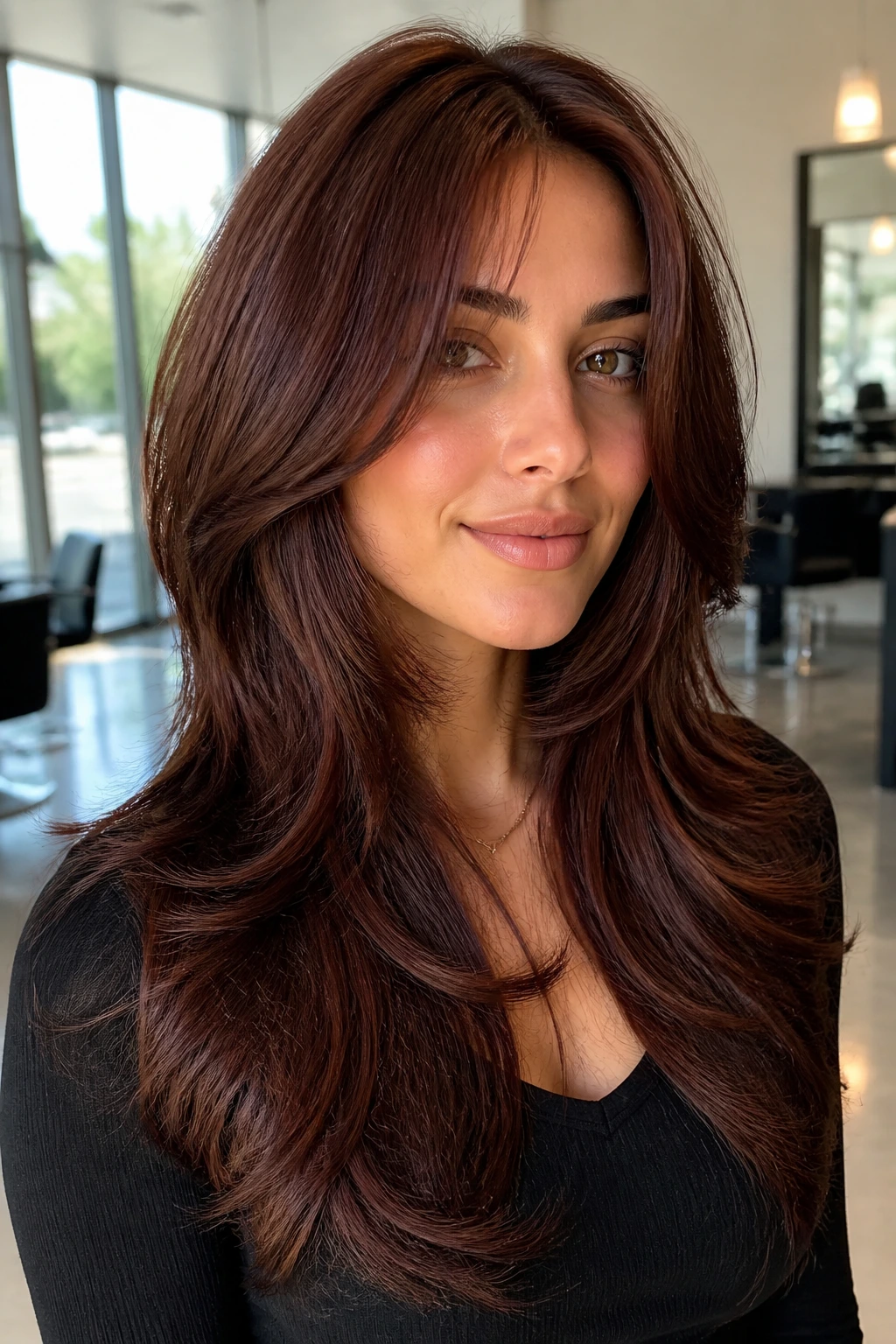 Close-up of a woman with a mahogany butterfly cut and long floating layers