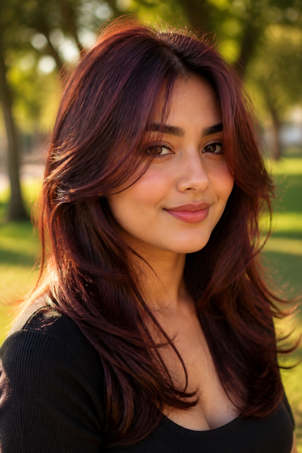 Portrait of a real woman with mahogany butterfly cut and floating layers