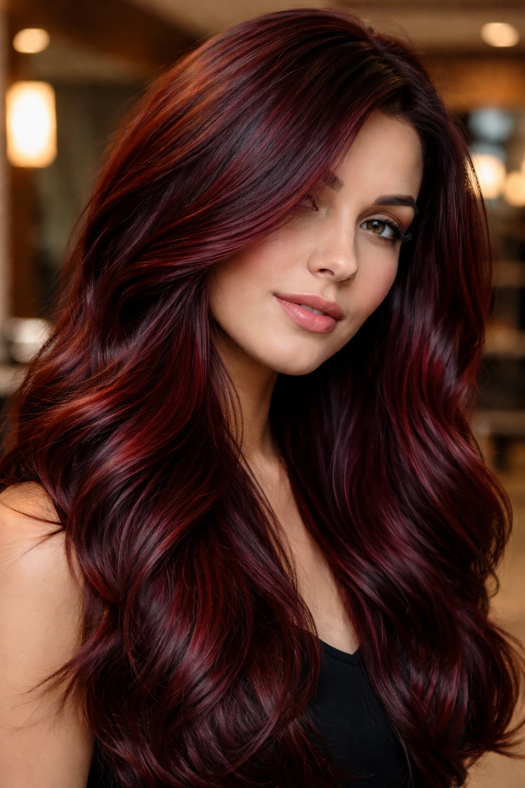Close-up portrait of a real person with mahogany cherry cola hair color