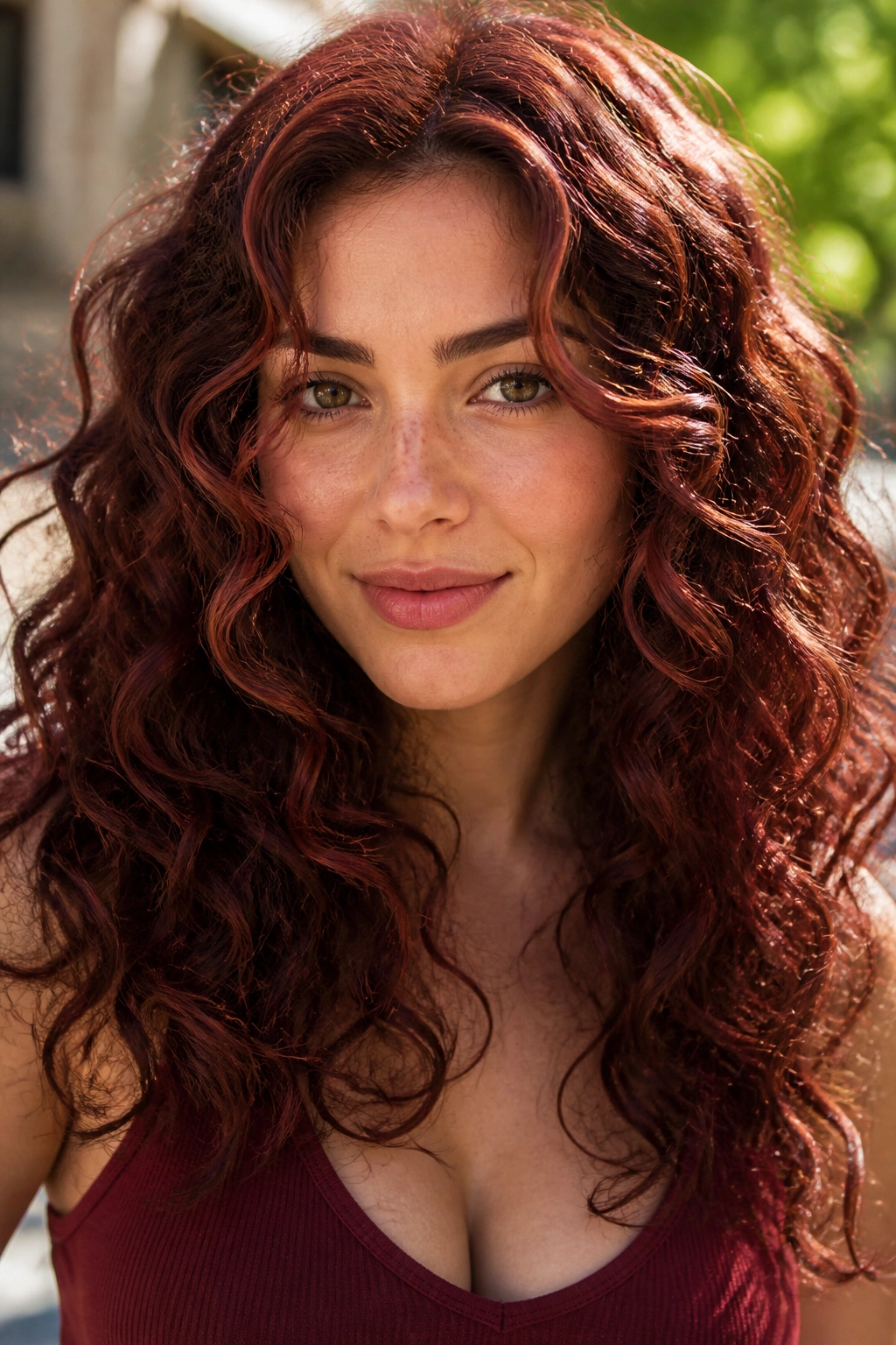 Close-up of a real woman with mahogany cherry curls and soft framing around the face.