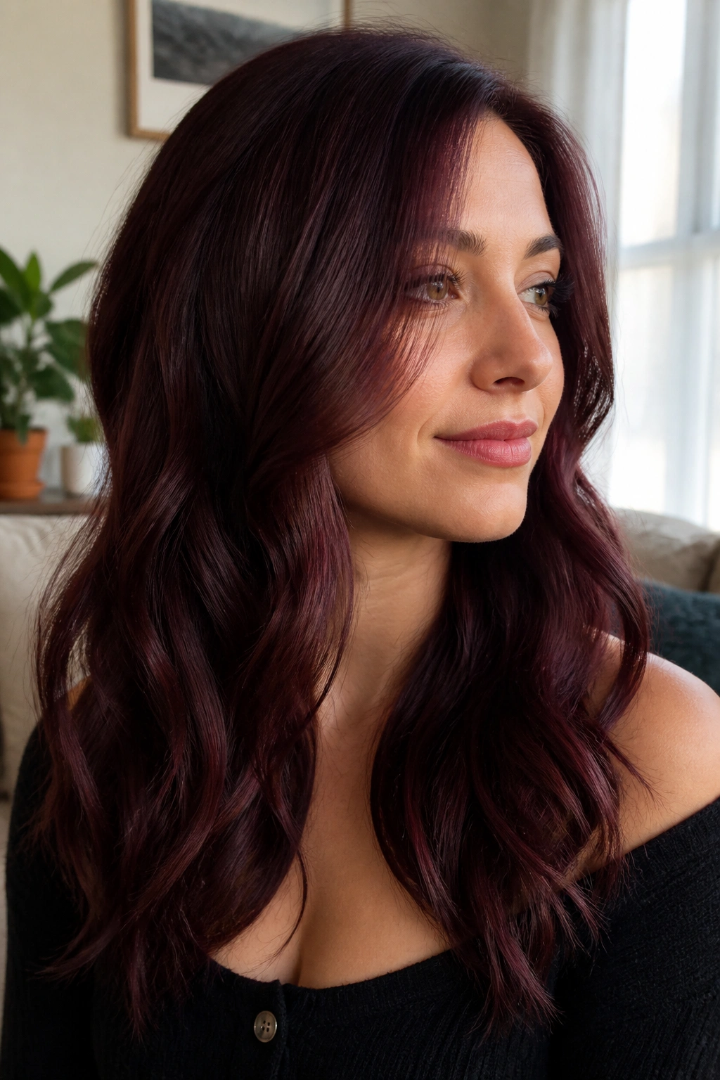 Close-up portrait of a real person with cool-bias mahogany chestnut hair and burgundy undertones