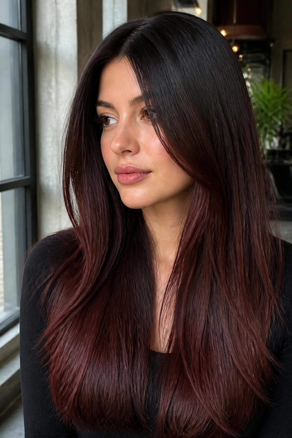 Portrait of a real person with mahogany chocolate ombre on long straight hair