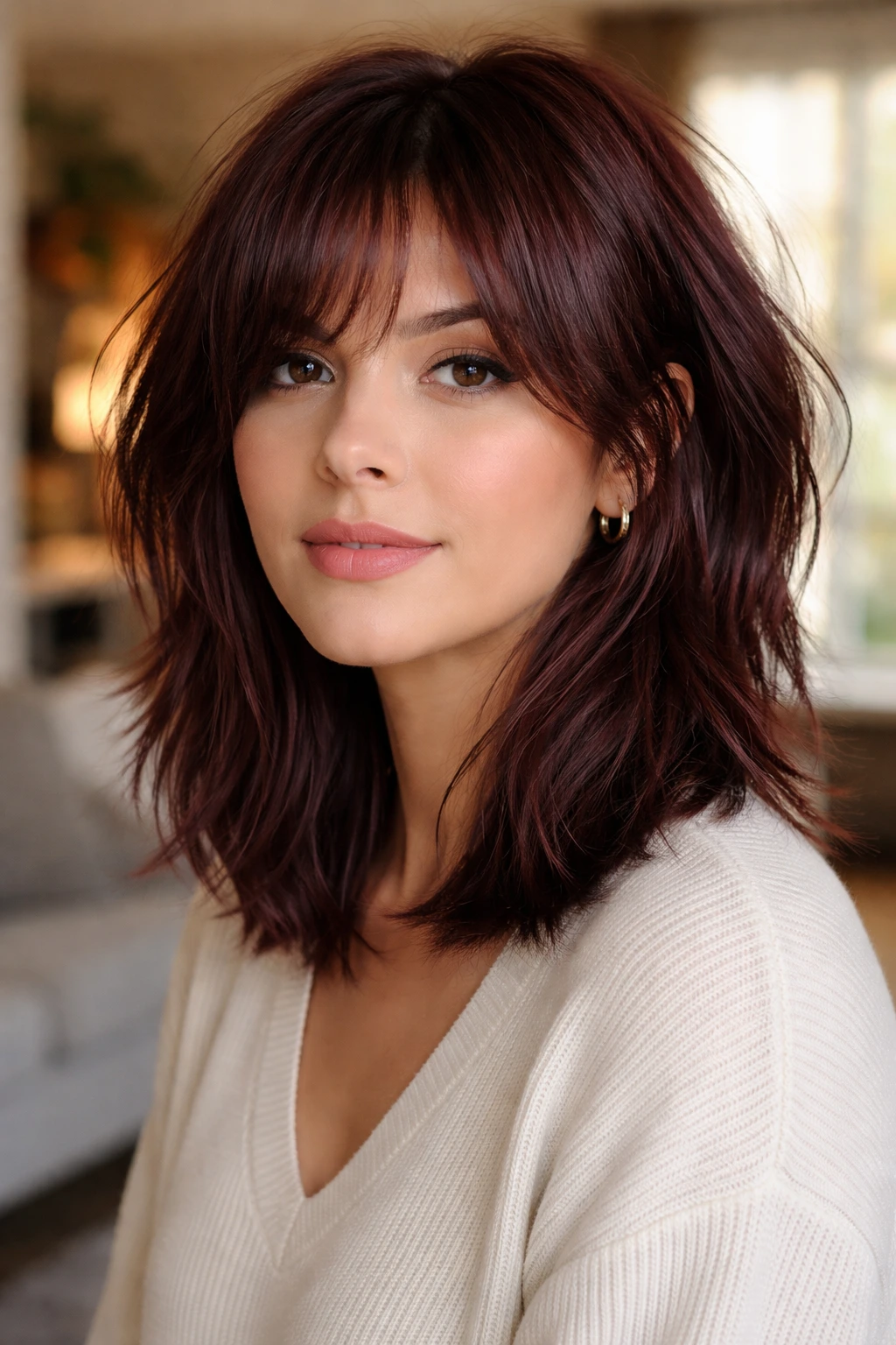 Close-up portrait of a real woman with a mahogany choppy medium-length cut and feathered ends.