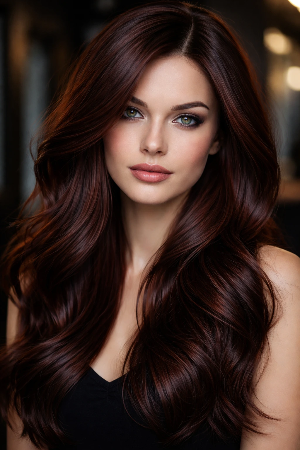 Close-up portrait of a real person with deep mahogany hair and cinnamon tones in moody lighting