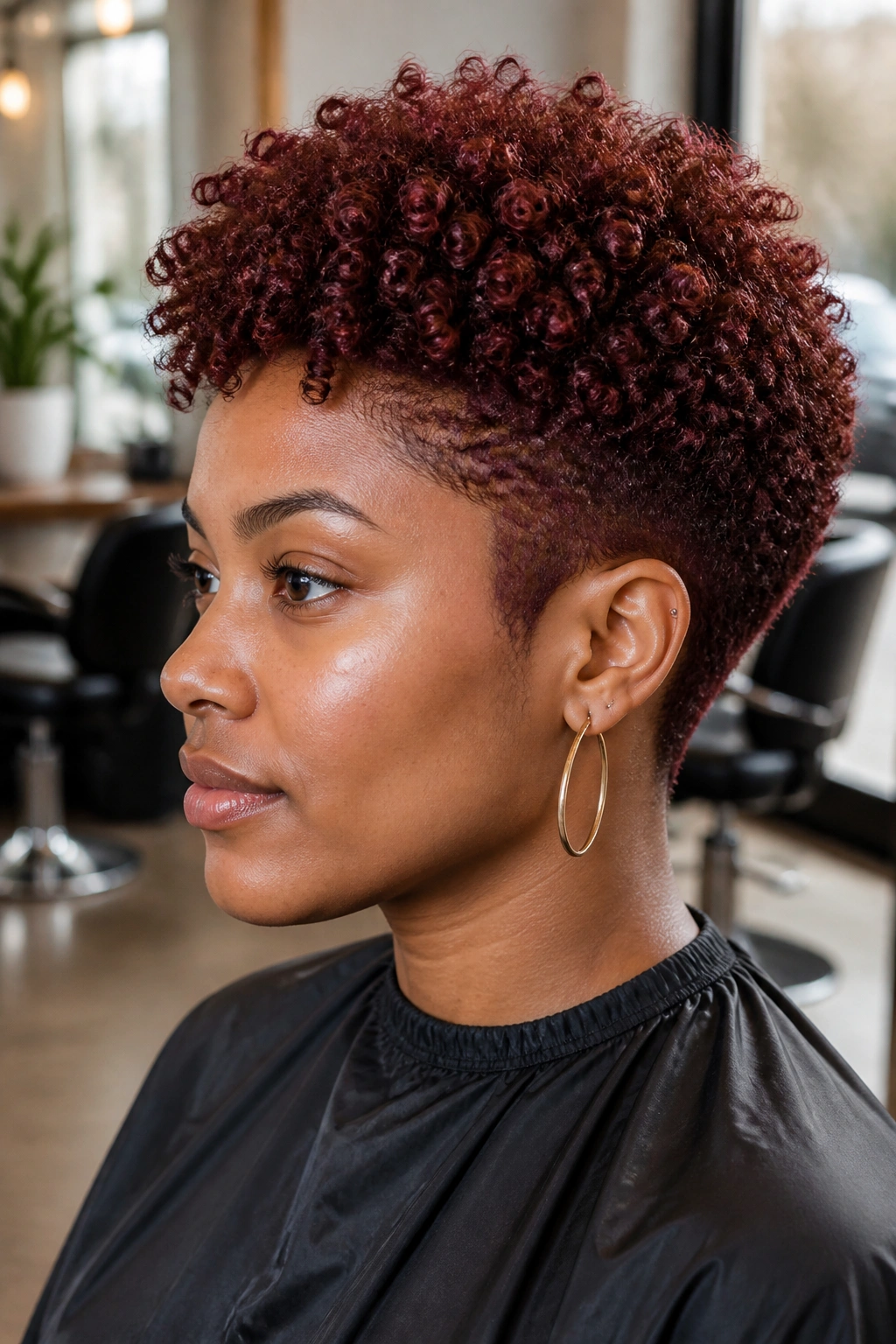 Close-up of a real woman's tapered mahogany coil cut hairstyle