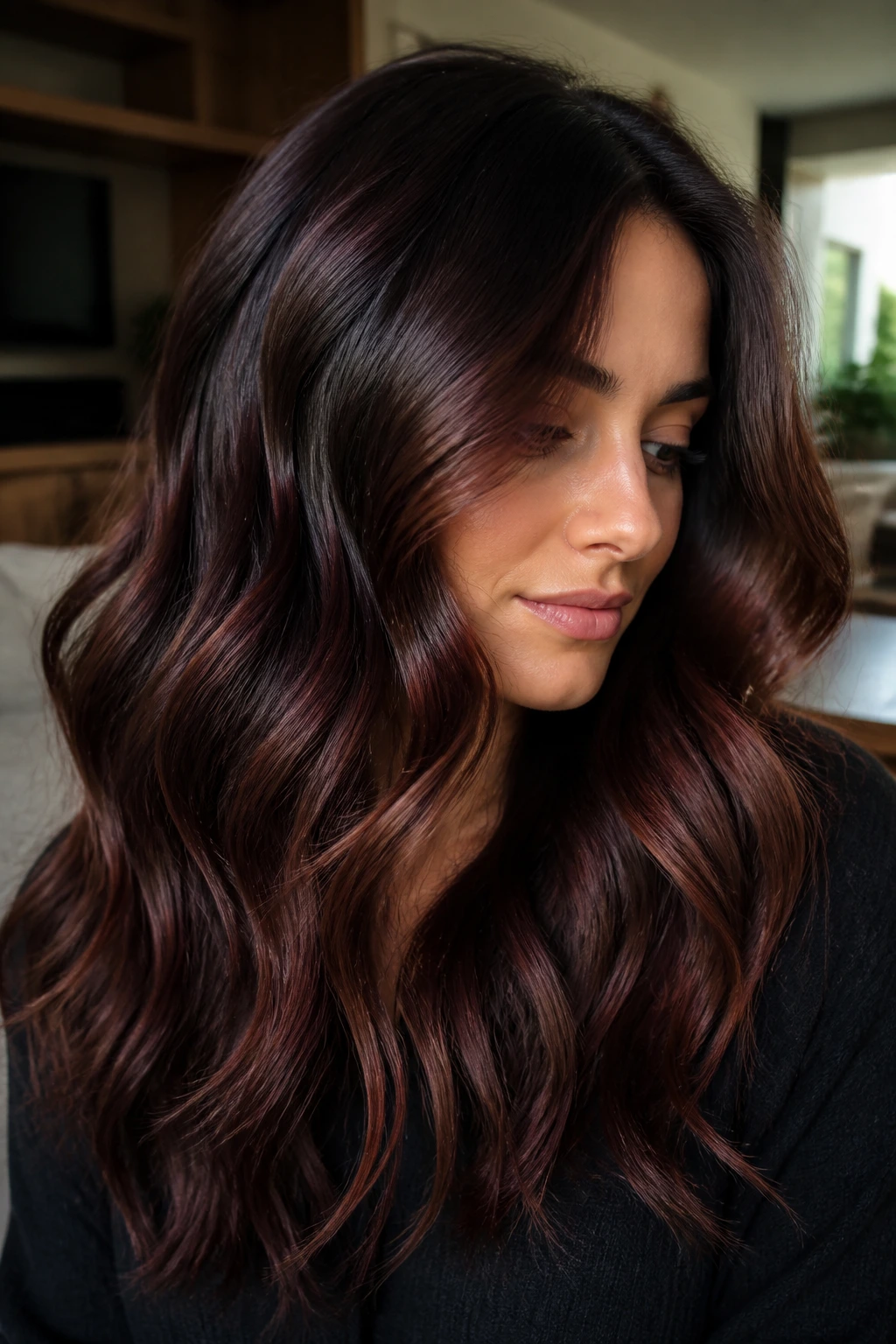 Close-up of a real person with dark mocha hair and contrast mahogany highlights.