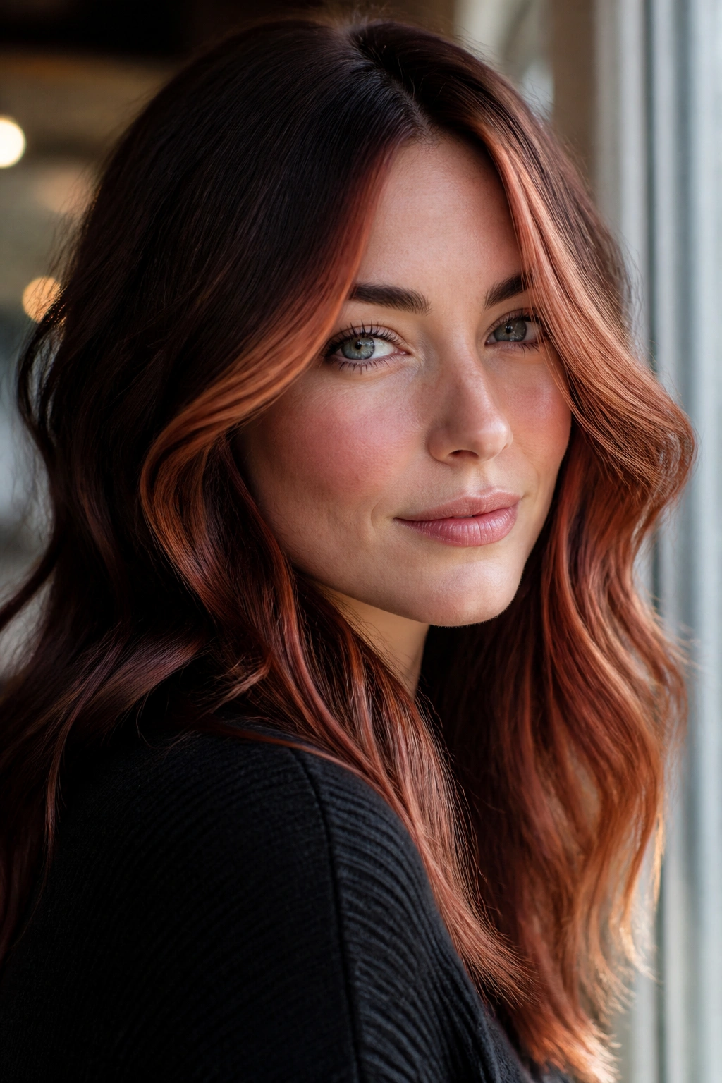 Close-up portrait showing mahogany copper balayage near temples on a real person