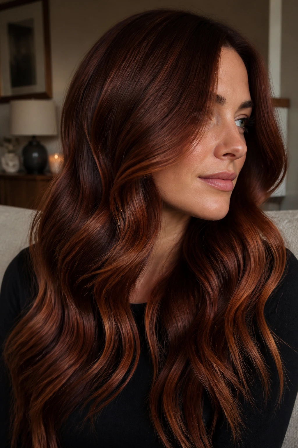 Close-up of brunette with mahogany-copper balayage waves and soft melt