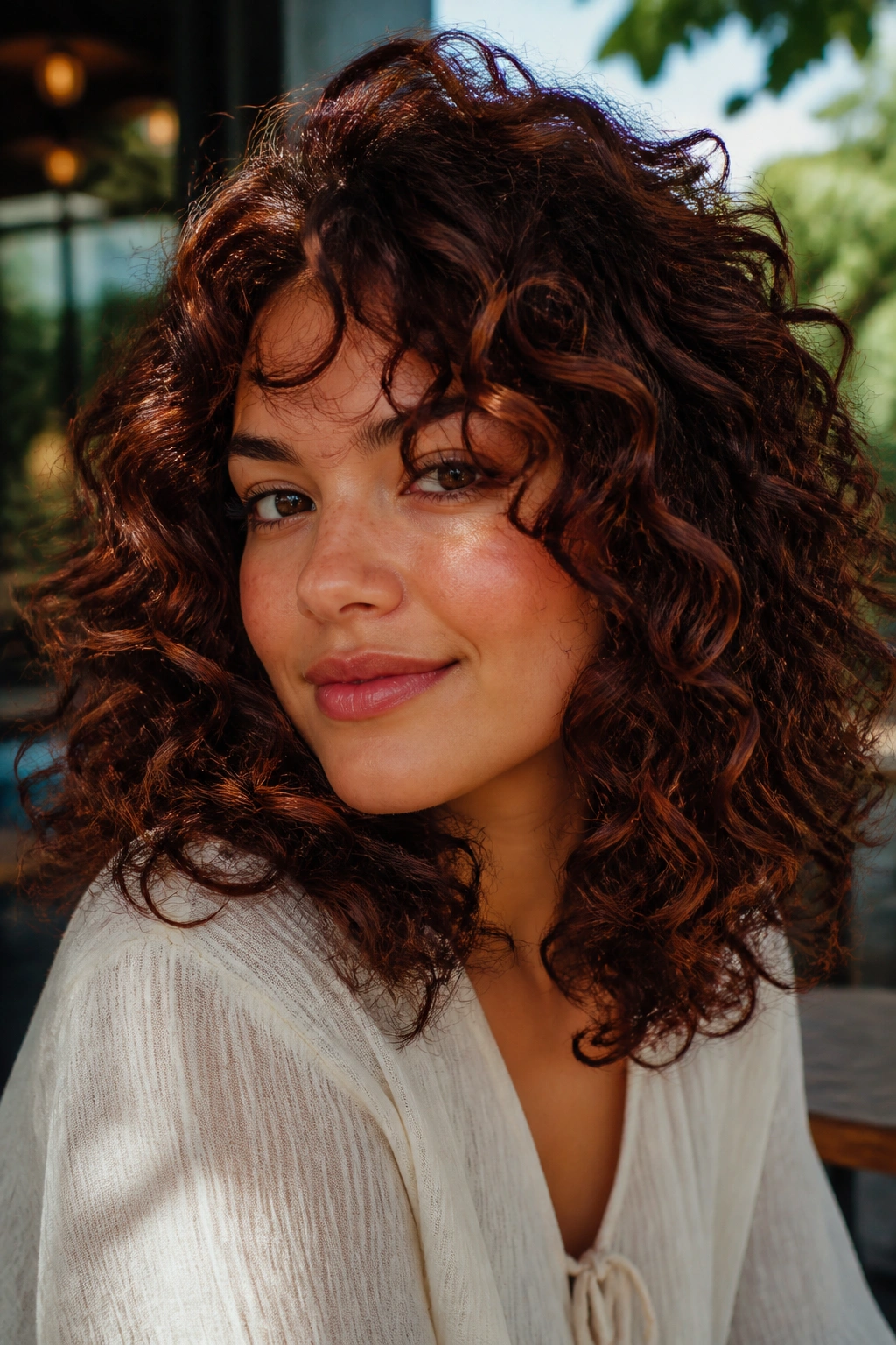 Close-up of a real person with curly hair in smoky mahogany copper tones