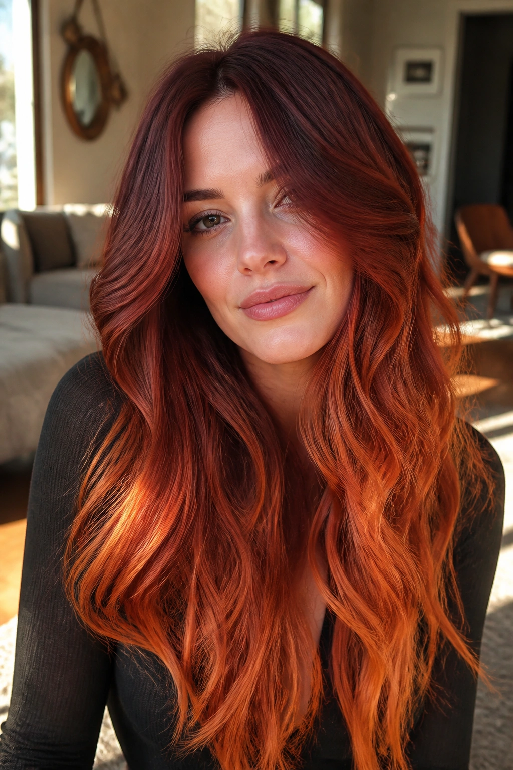 Close-up of a real woman with mahogany base and copper flame tips on long layered hair