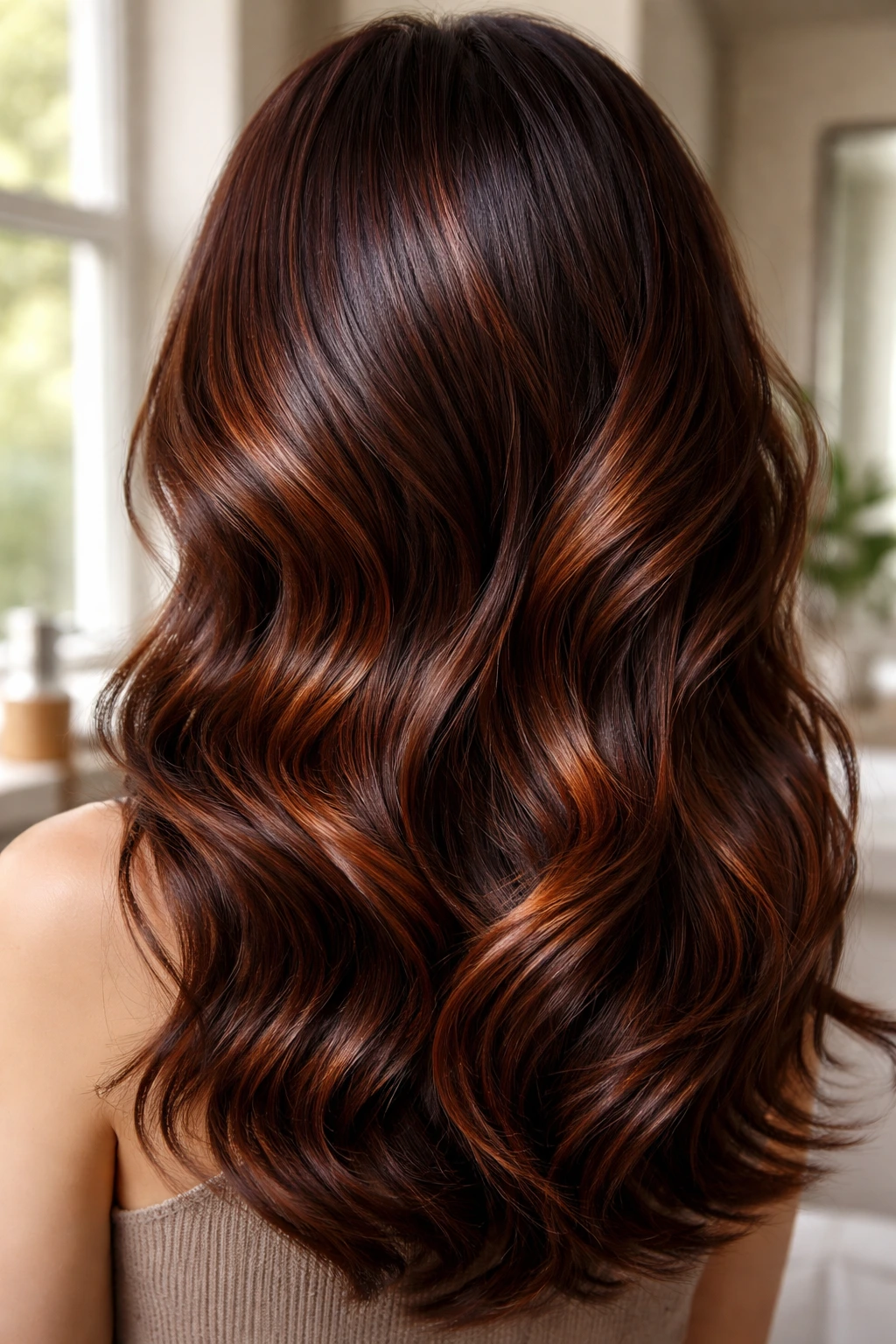Close-up of hair showing mahogany-copper blend with color shifts