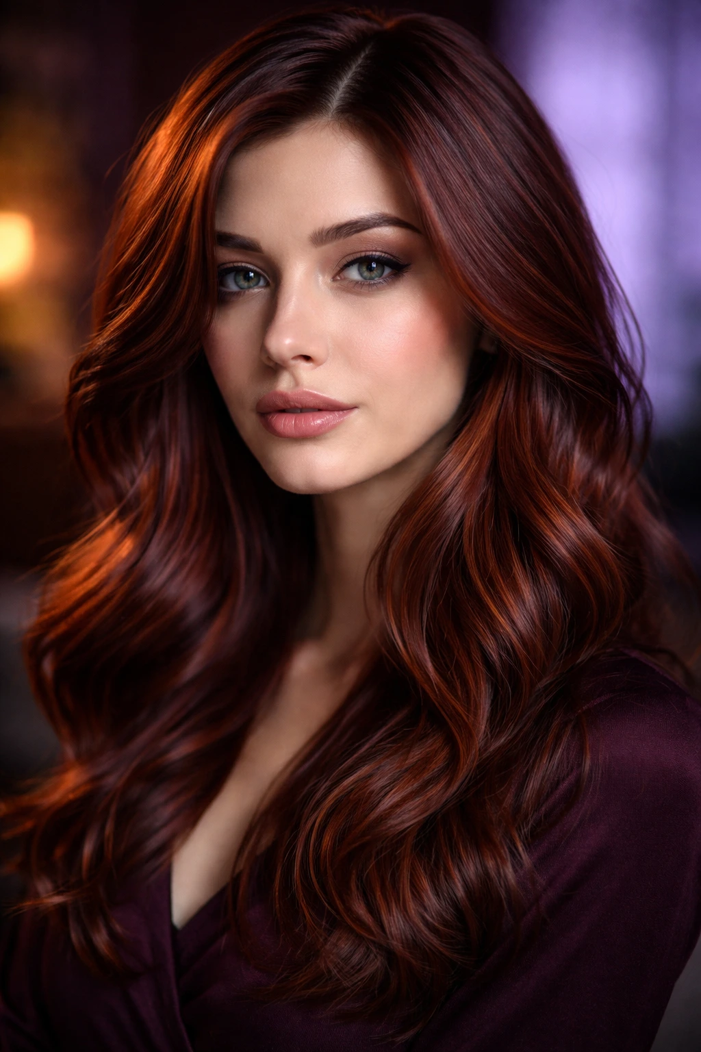 Portrait of a real person with mahogany copper hair in a cool-toned base.