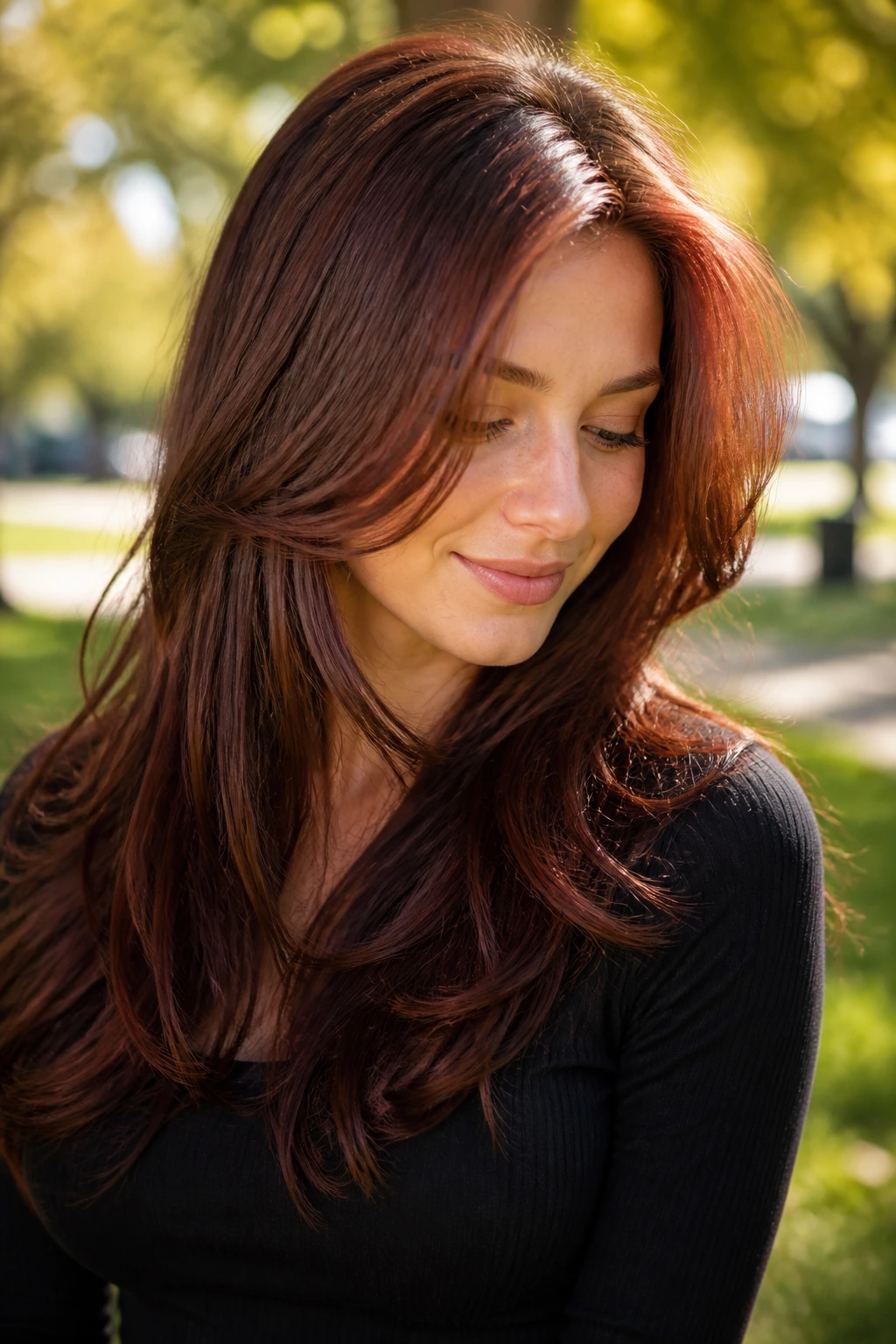 Close-up of a real woman with mahogany copper layers in sunlit setting