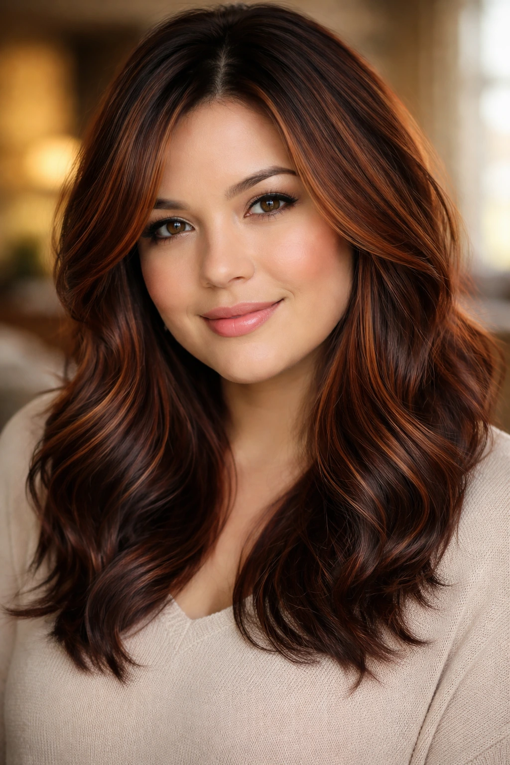 Close-up of a real woman with mahogany lowlights and copper highlights in brown hair, warm window light