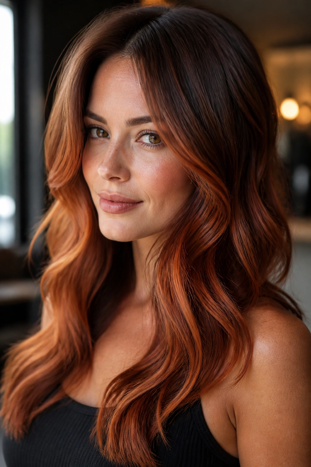 Close-up of a woman with a mahogany-copper melt gradient in brown hair