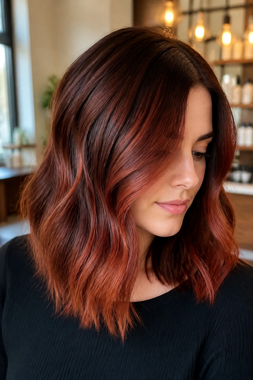 Close-up portrait of a real woman with deep mahogany copper melt hair