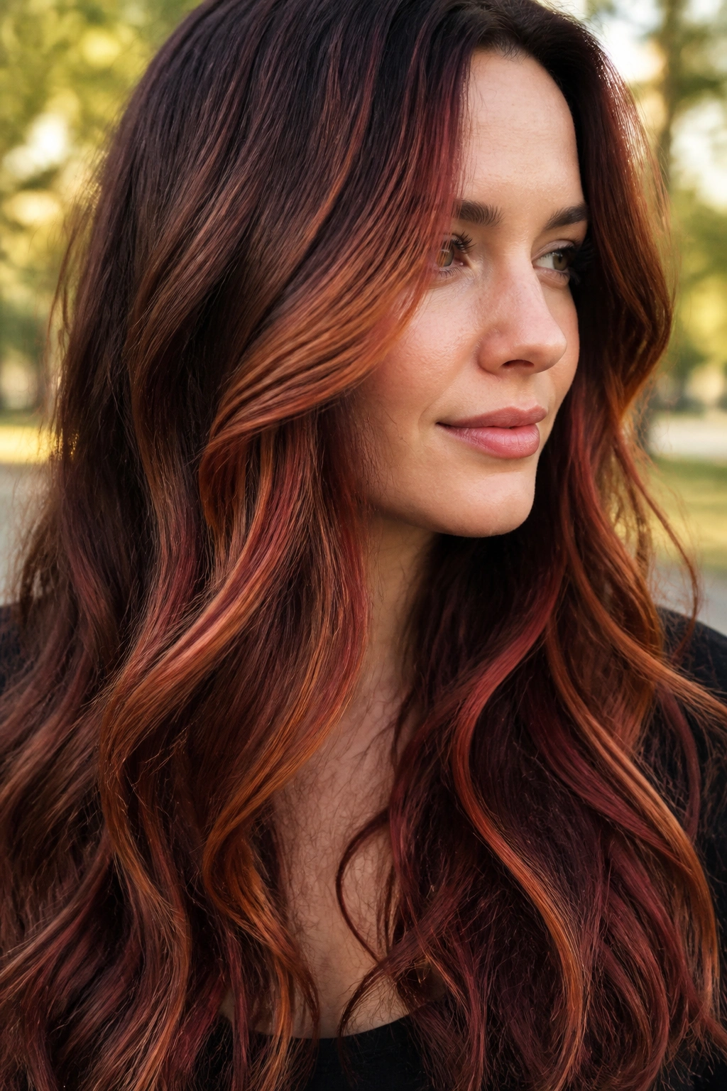 Close-up of mahogany to copper ribbon highlights on long hair