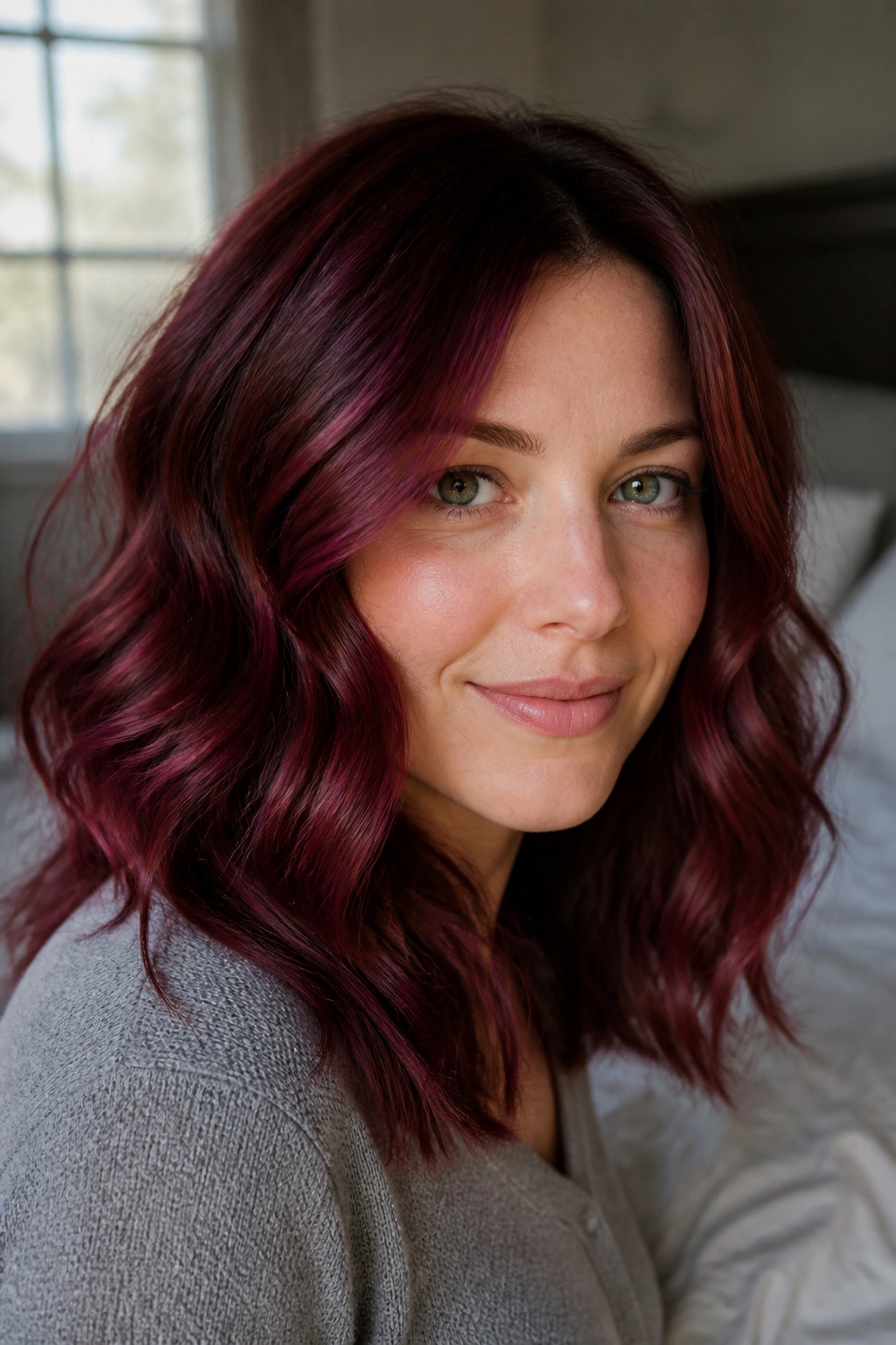 Close-up portrait of a real woman with violet-infused mahogany copper waves framing her face