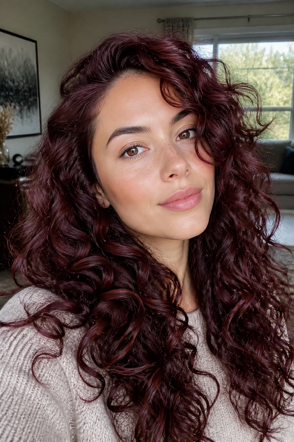 Close-up of a real person with smoky mahogany curls and rich color depth in natural window light