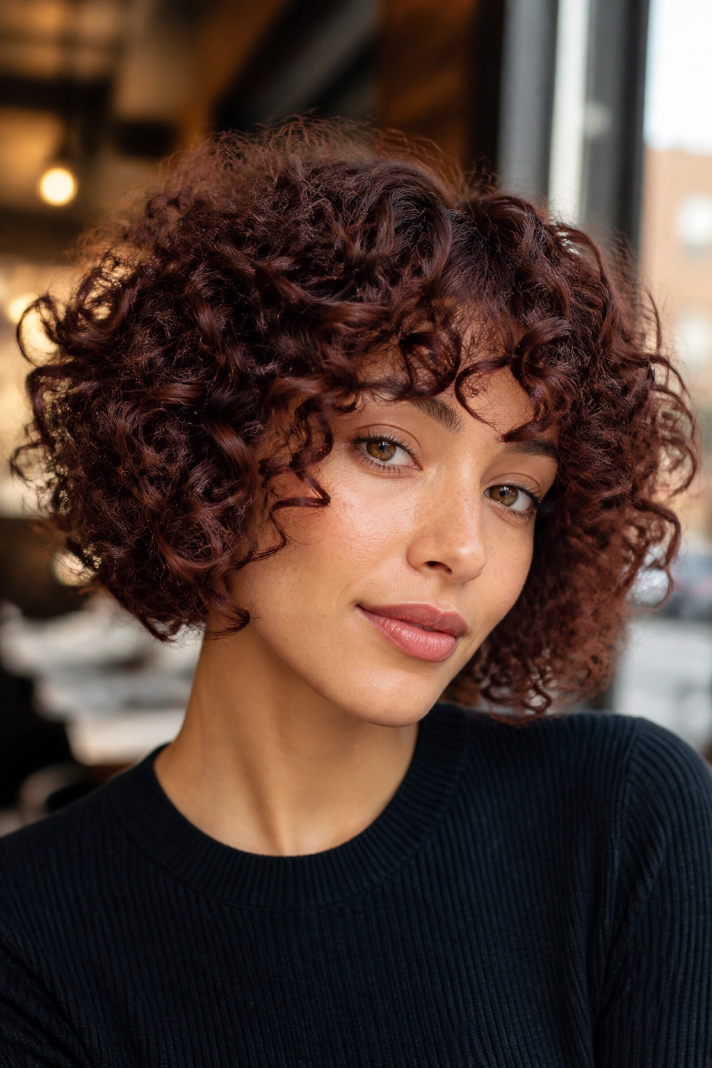 Close-up of chin-length mahogany curly bob on a real person