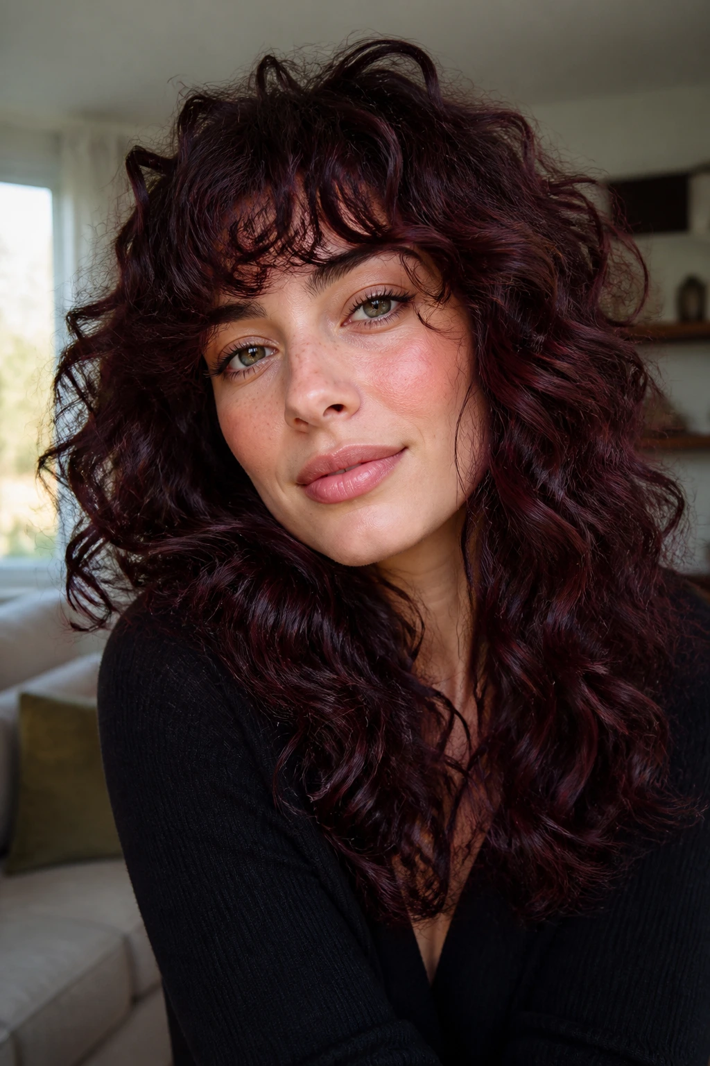 Close-up portrait of a real woman with cool mahogany curls and wine-toned reflections in natural window light