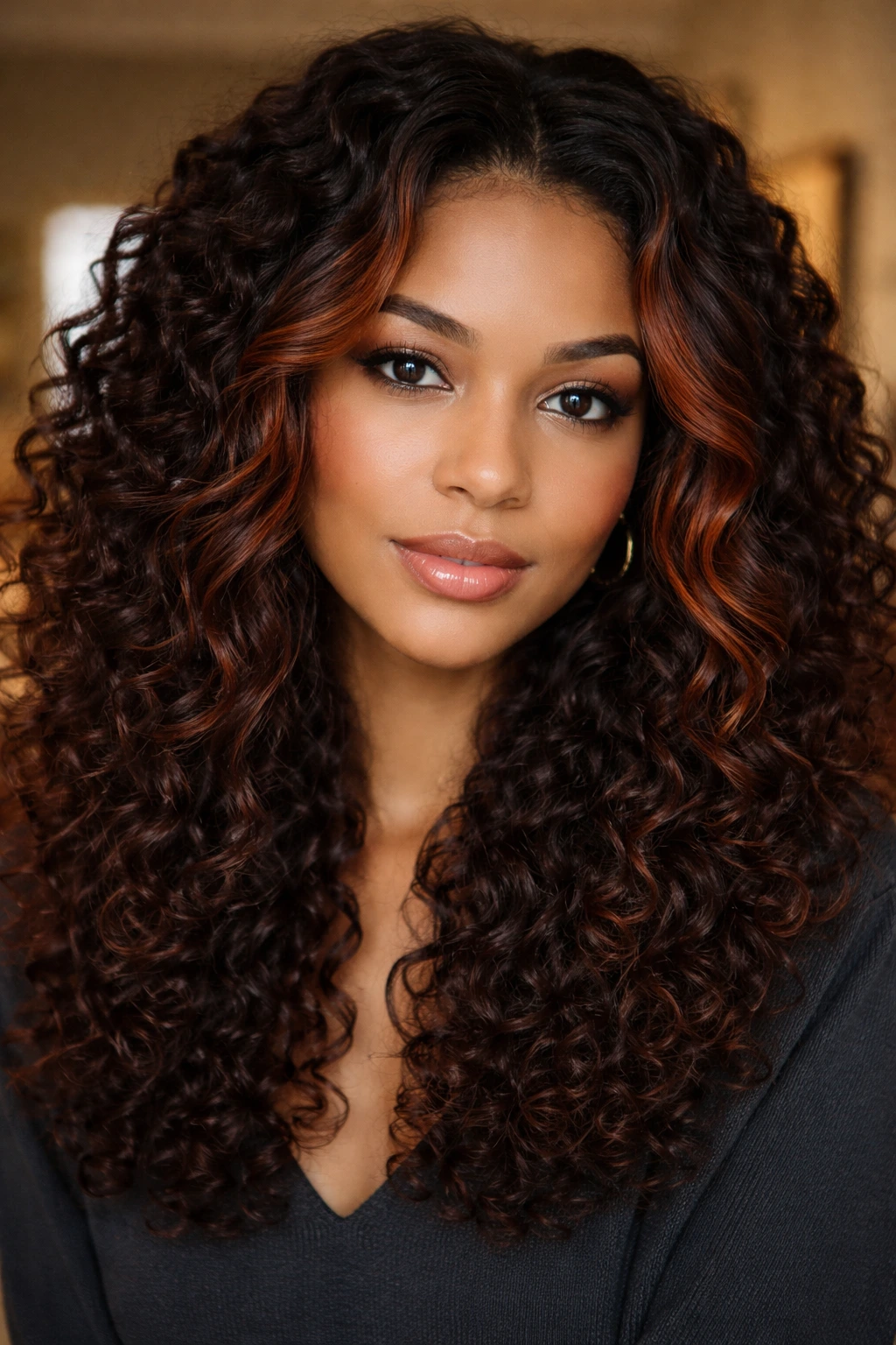 Close-up of a real person with mahogany curls and copper face-framing pieces near the eyes