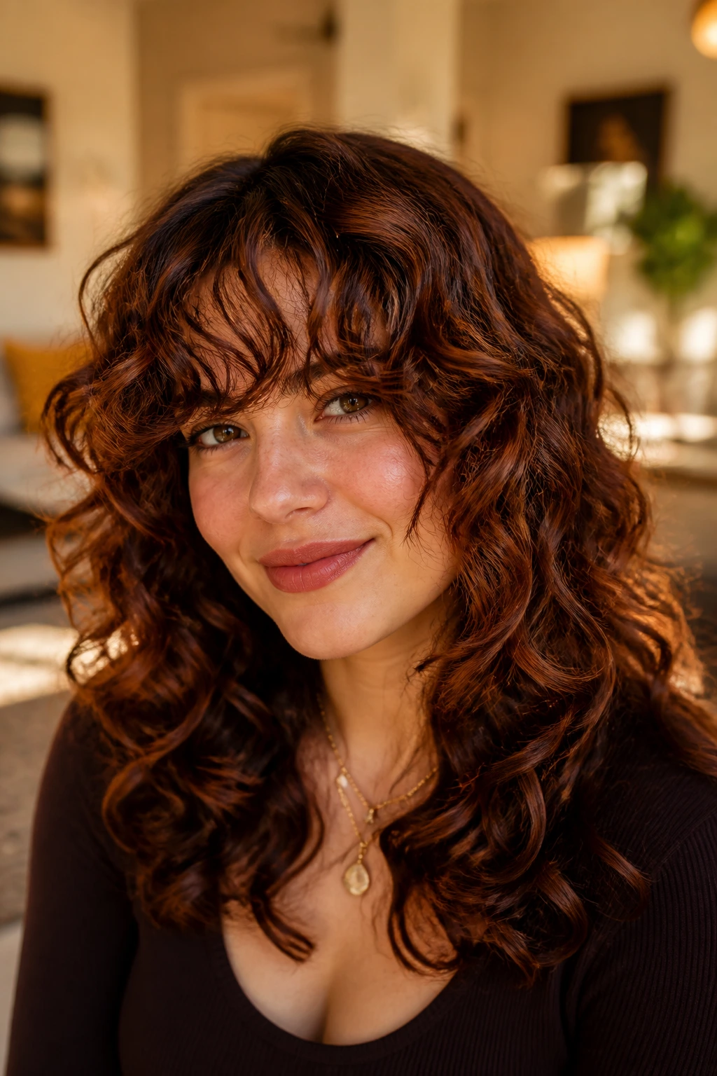 Close-up portrait of a real woman with mahogany curls and a soft curly fringe