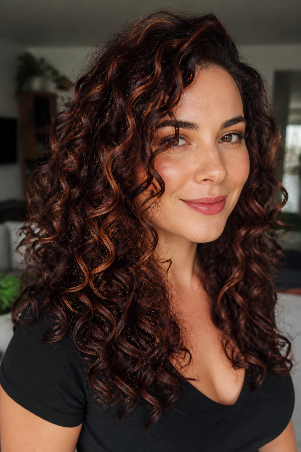 Close-up portrait of a real woman with mahogany curls and ribbon highlights